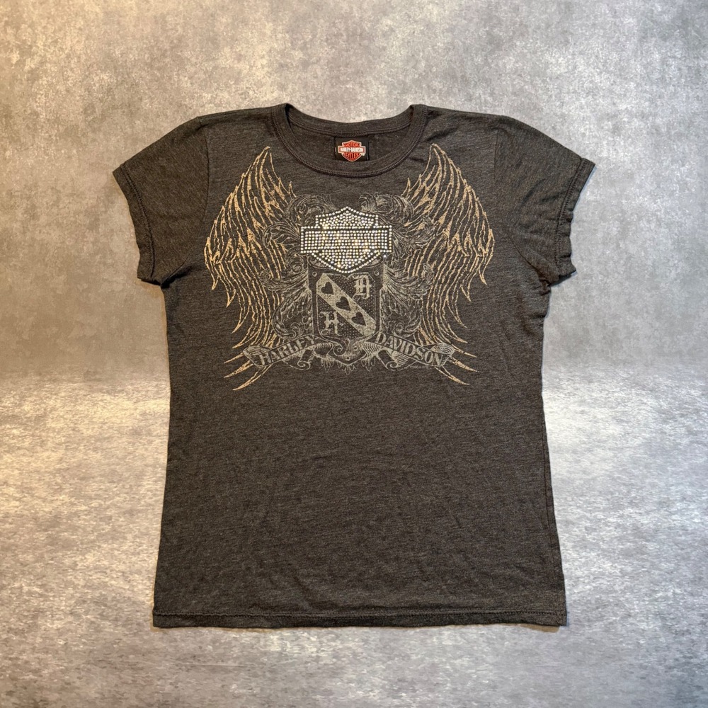 Harley Davidson Womens L Shirt Rhinestone Wing Shield Smoky Mountain Y2K